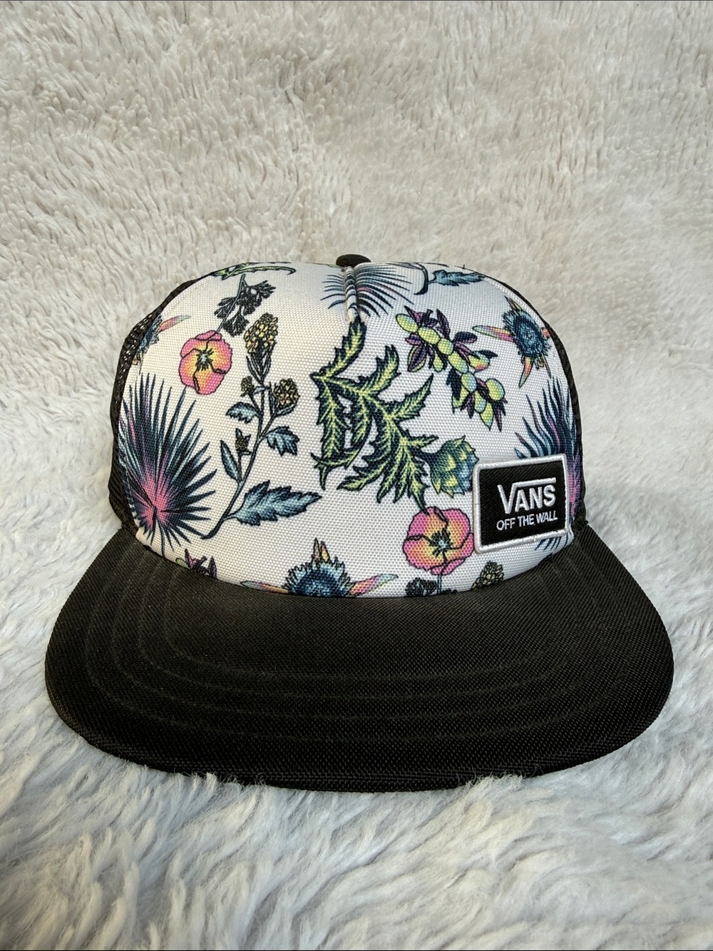 Vans Floral Trucker Hat - Black, White & Pink Accents